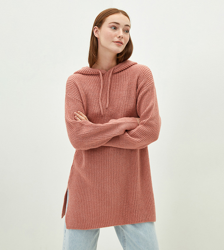 Plain Hooded Long Sleeve Mid Length Medium Thickness Tunic