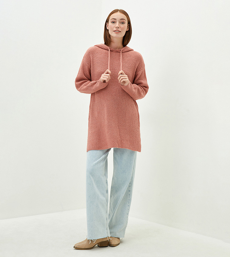 Plain Hooded Long Sleeve Mid Length Medium Thickness Tunic