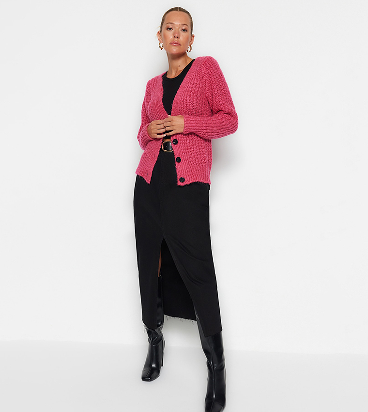 Buy Trendyol Solid Long Sleeves Knitted Cardigan In Fuchsia