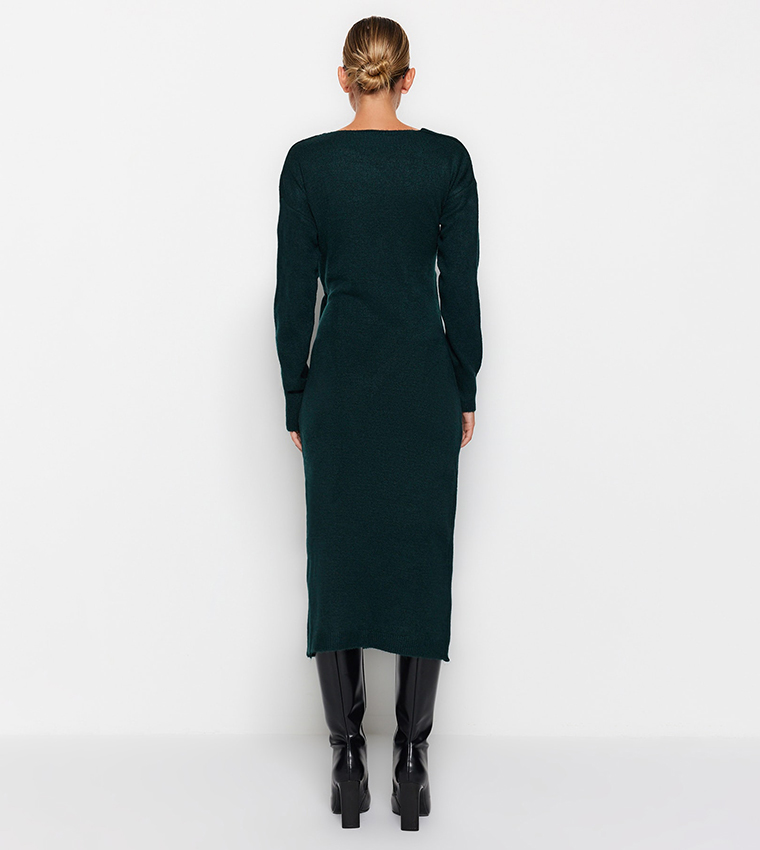 Buy Trendyol Plunge Neck Knot Detail Knitted Midaxi Dress In Emerald 6thStreet Bahrain