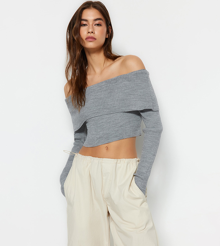 Buy Trendyol Ribbed Off Shoulder Crop Top In LIGHT GREY