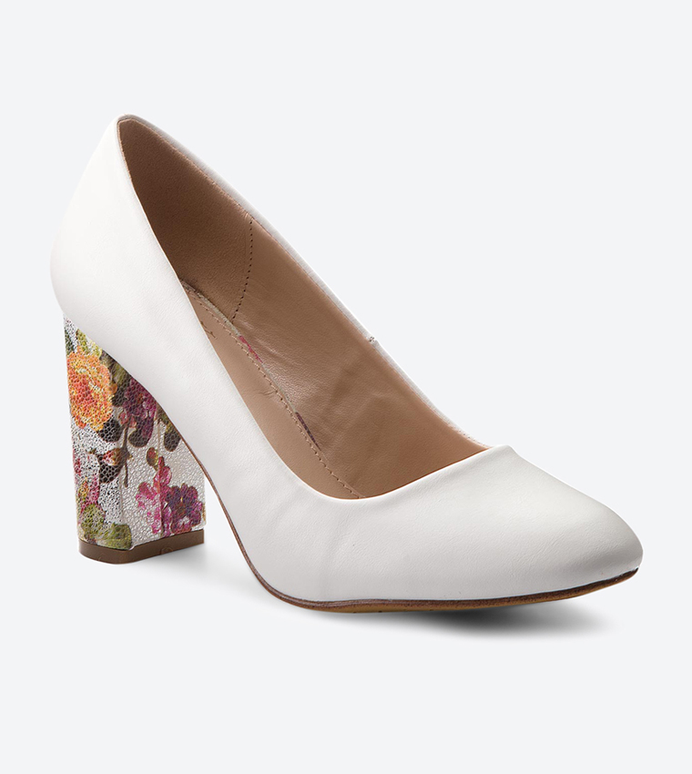 Floral Printed Block Heel Round Toe Pumps - White