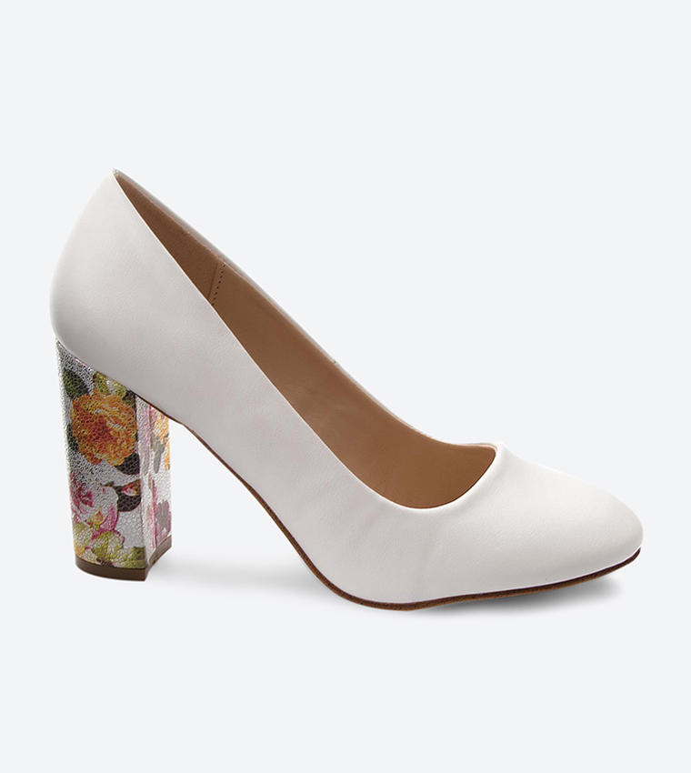 Floral Printed Block Heel Round Toe Pumps - White