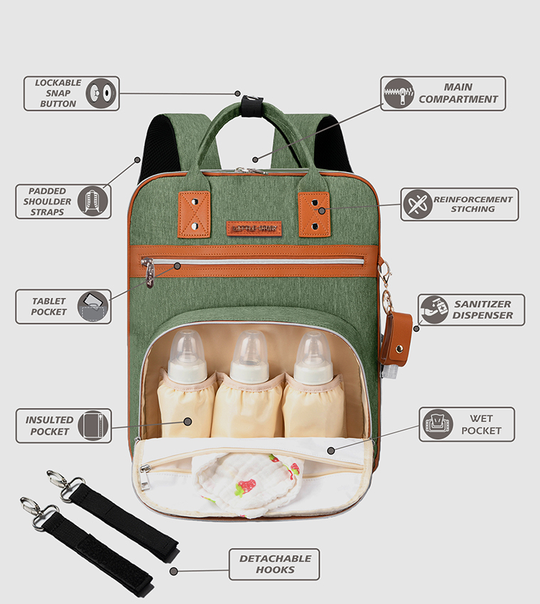 2 in 1 Diaper Bag with Sanitizer Bottle keychain & Stroller Hooks