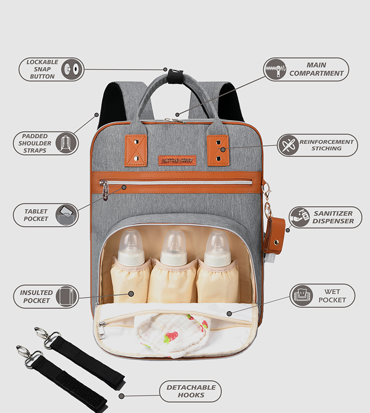 2 in 1 Diaper Bag with Sanitizer Bottle keychain & Stroller Hooks