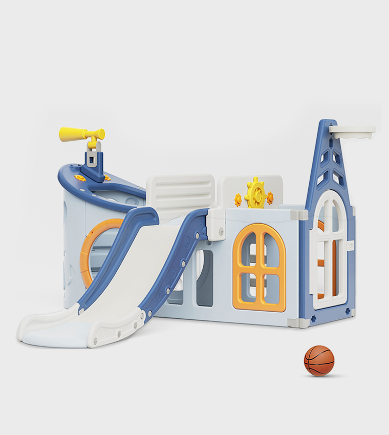 Boat House Activity Slide with Basketball Ring, Ball, Toy Storage, and Telescope Role Play Game