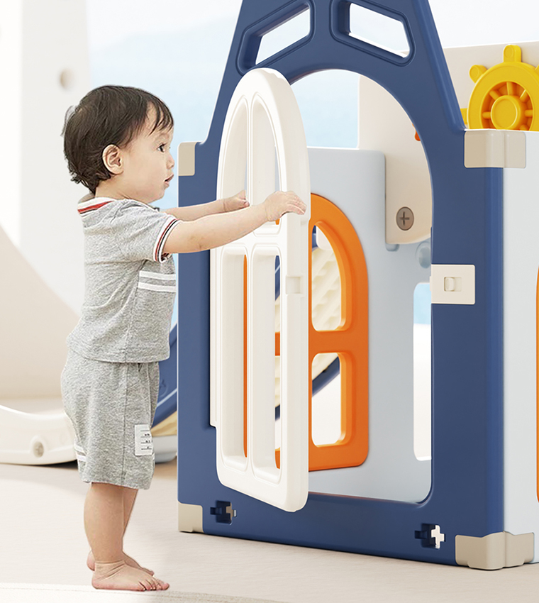 Boat House Activity Slide with Basketball Ring, Ball, Toy Storage, and Telescope Role Play Game