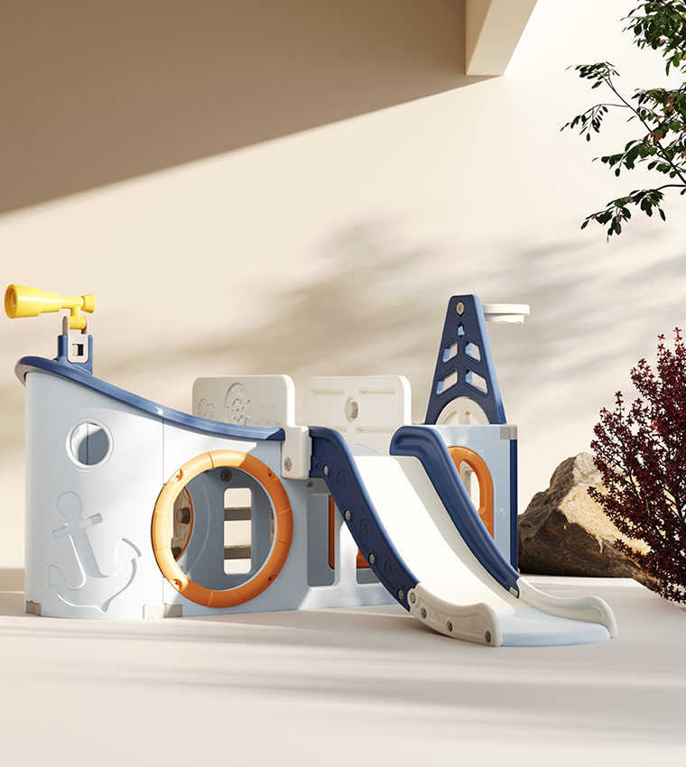 Boat House Activity Slide with Basketball Ring, Ball, Toy Storage, and Telescope Role Play Game