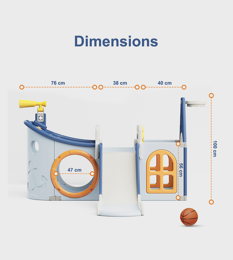 Boat House Activity Slide with Basketball Ring, Ball, Toy Storage, and Telescope Role Play Game