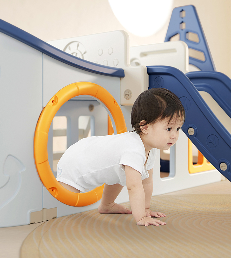 Boat House Activity Slide with Basketball Ring, Ball, Toy Storage, and Telescope Role Play Game