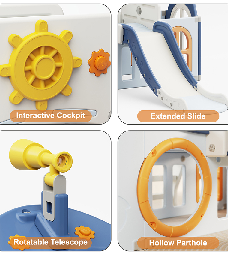 Boat House Activity Slide with Basketball Ring, Ball, Toy Storage, and Telescope Role Play Game