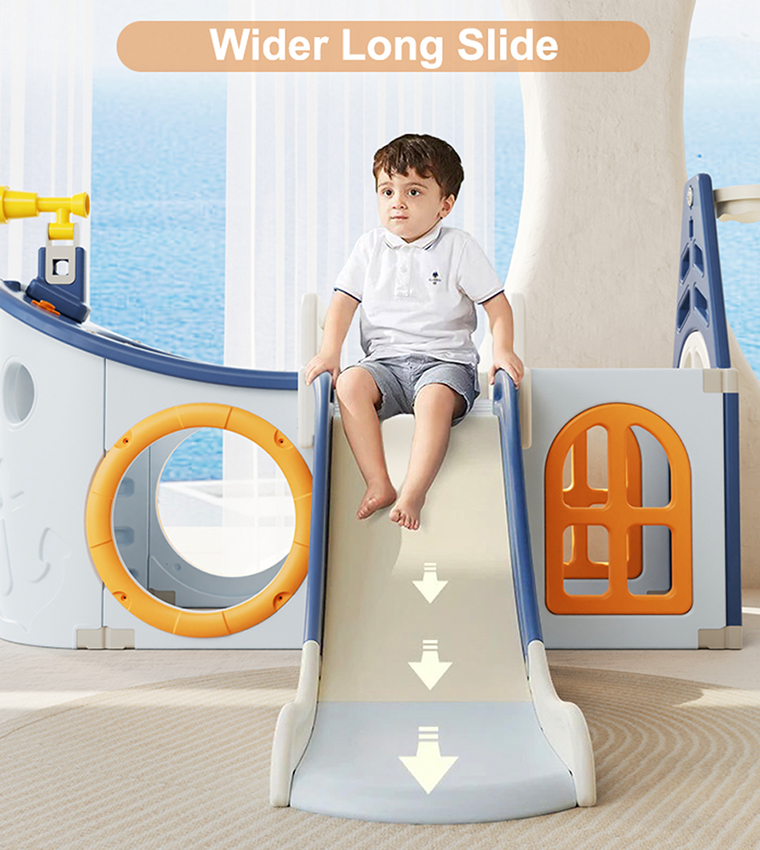 Boat House Activity Slide with Basketball Ring, Ball, Toy Storage, and Telescope Role Play Game