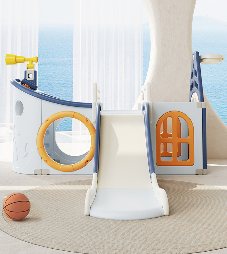 Boat House Activity Slide with Basketball Ring, Ball, Toy Storage, and Telescope Role Play Game