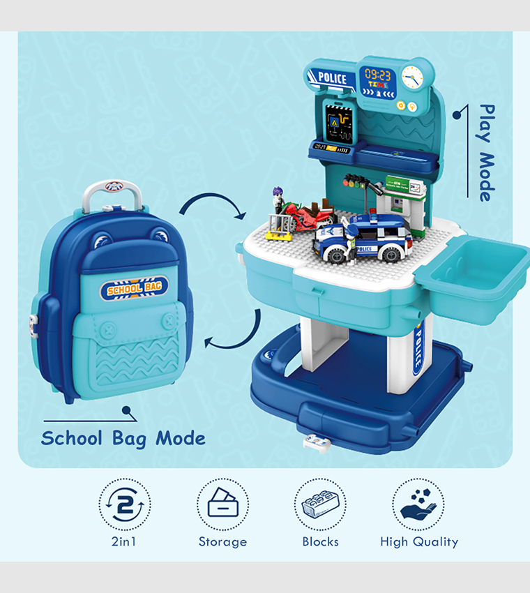 Role Play Police Station With Police Car And Block Toy Set School Bag (219 Pcs) 2-In-1 Mode