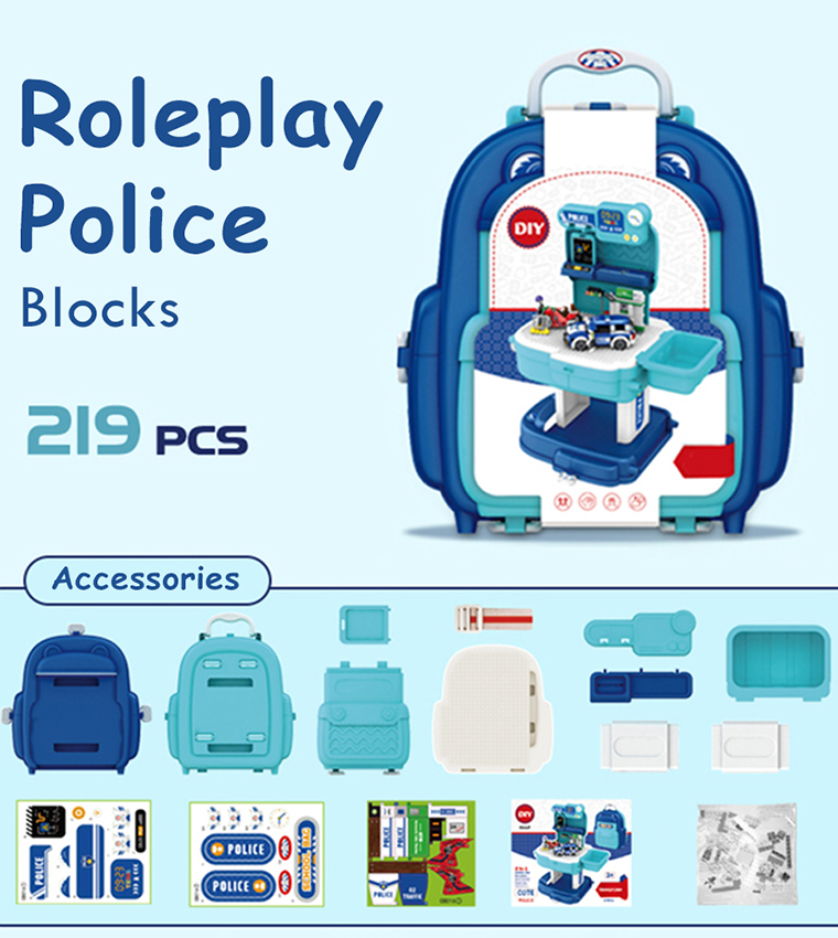 Role Play Police Station With Police Car And Block Toy Set School Bag (219 Pcs) 2-In-1 Mode