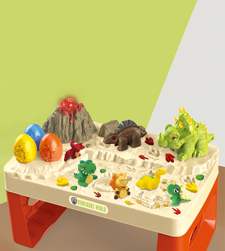 Role Play Dinosaur World Toy Set (17 Pcs) With Inbuilt Light & Sound Volcano & Dough2-In-1 Mode