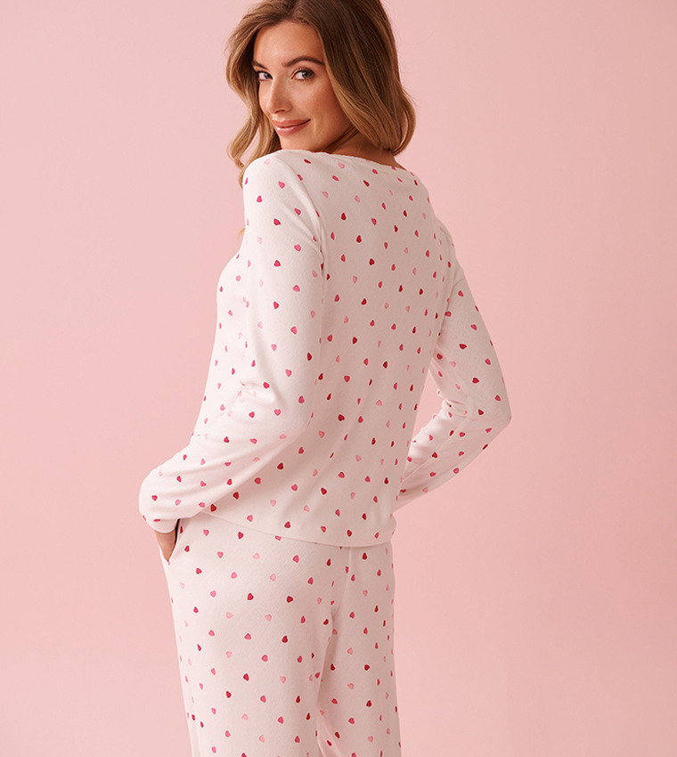 Heart Print Pointelle Long Sleeves Shirt