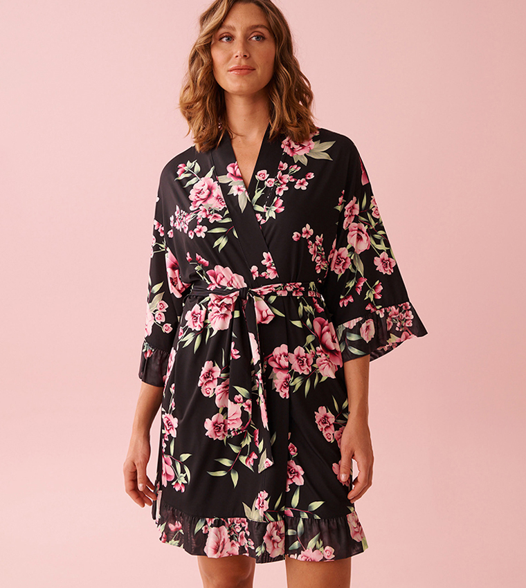 Peony Print Recycled Fibers Mesh Trim Kimono