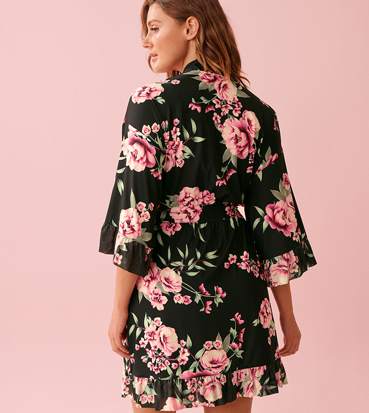 Peony Print Recycled Fibers Mesh Trim Kimono