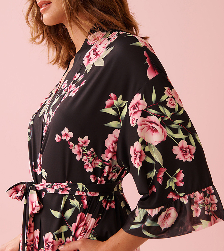 Peony Print Recycled Fibers Mesh Trim Kimono