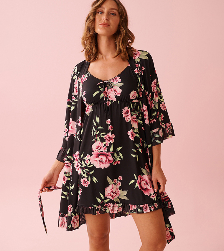 Peony Print Recycled Fibers Mesh Trim Kimono