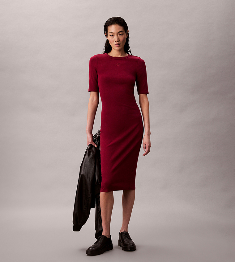 Buy Calvin Klein Jeans Monogram Embroidered Crew Neck T Shirt Dress In Pink  | 6thStreet Qatar