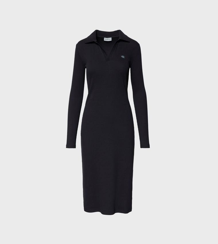 Buy Calvin Klein Ribbed 3/4 Sleeves Johnny Collar Midi Dress In Black |  6thstreet Oman