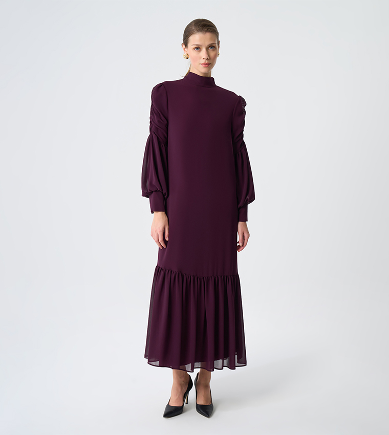High Neck Bishop Sleeves Tiered Dress