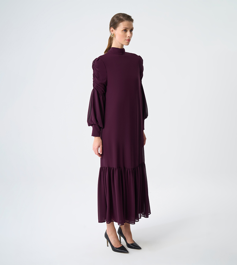 High Neck Bishop Sleeves Tiered Dress