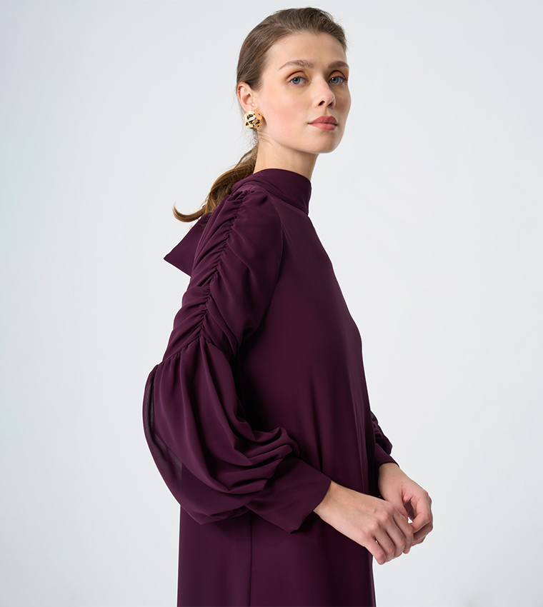High Neck Bishop Sleeves Tiered Dress