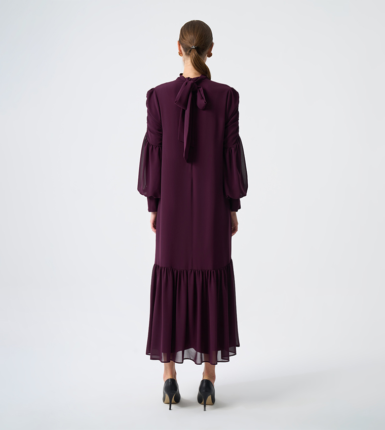 High Neck Bishop Sleeves Tiered Dress