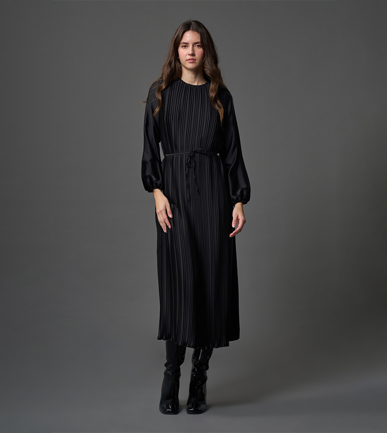 Pleated Long Sleeves Midi Dress