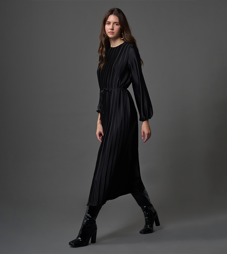 Pleated Long Sleeves Midi Dress