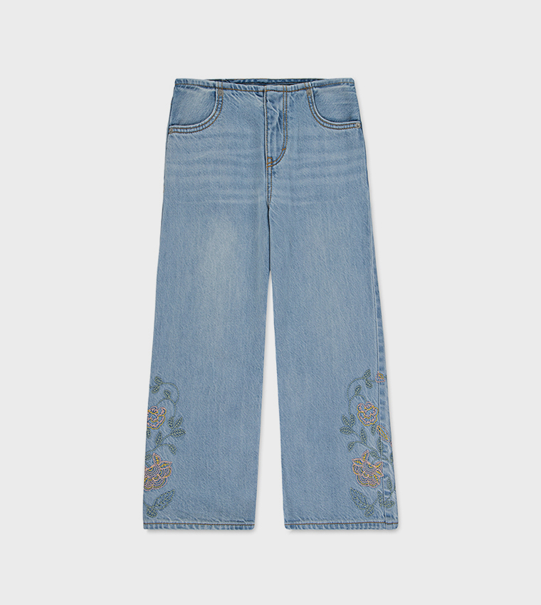 Beltless Embroidered Baggy Jeans