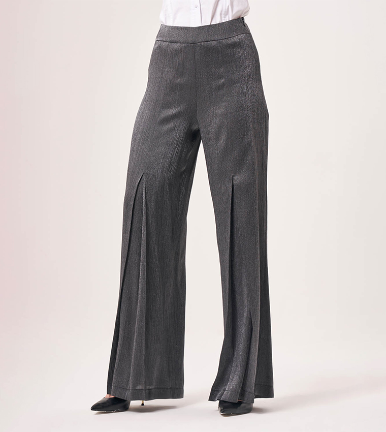 Glossy Pleated Detail Wide Leg Pants