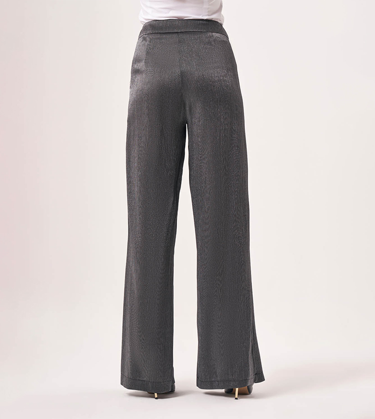 Glossy Pleated Detail Wide Leg Pants