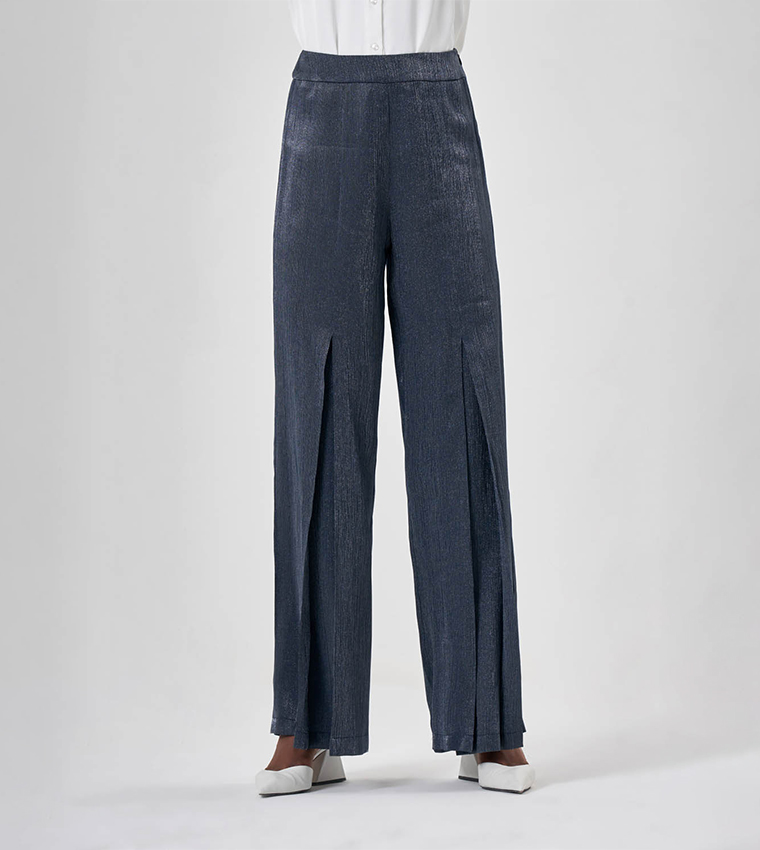 Glossy Pleated Detail Wide Leg Pants