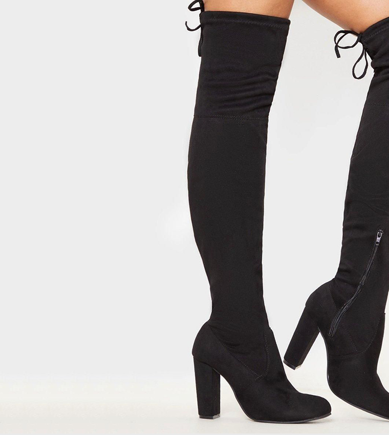 Buy PrettyLittleThing BESS Faux Suede Heeled Thigh Boots In Black