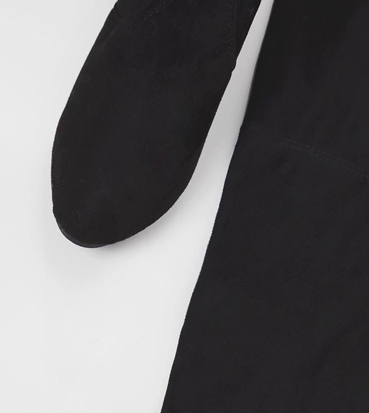 Buy PrettyLittleThing BESS Faux Suede Heeled Thigh Boots In Black