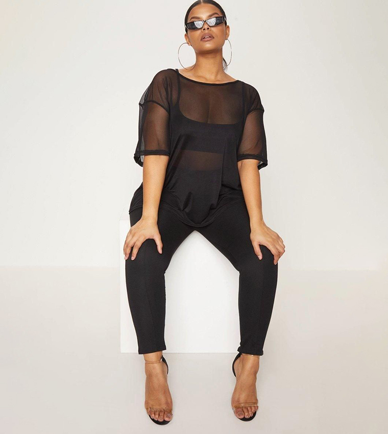 Buy PrettyLittleThing Curve Sheer Mesh Oversized T Shirt In Black