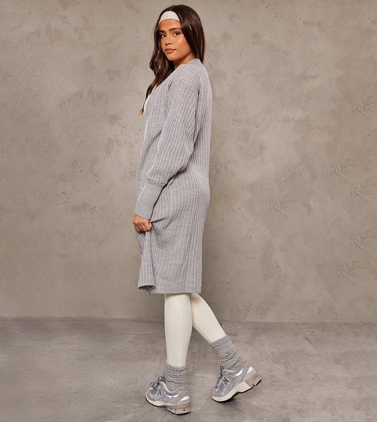 Grey Ribbed Ribbed Midi Cardigan Buy PrettyLittleThing Ribbed