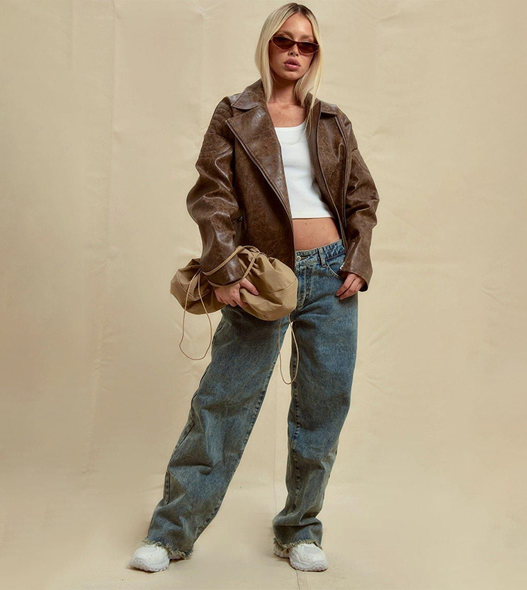 جاكيت بايكر واسع جلد صناعي 