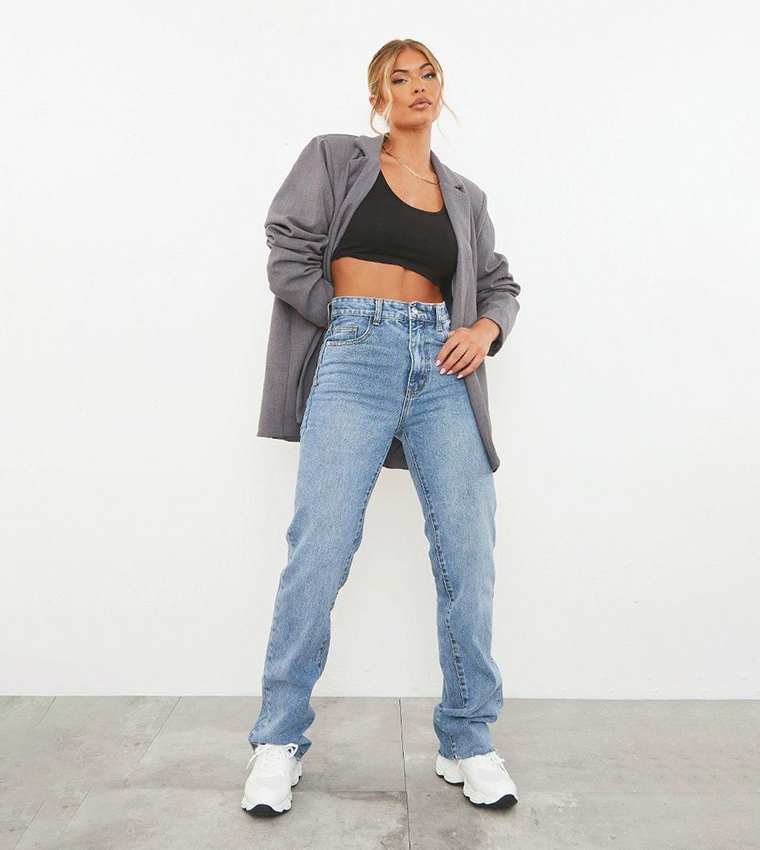 Washed Raw Hem Straight Fit Jeans