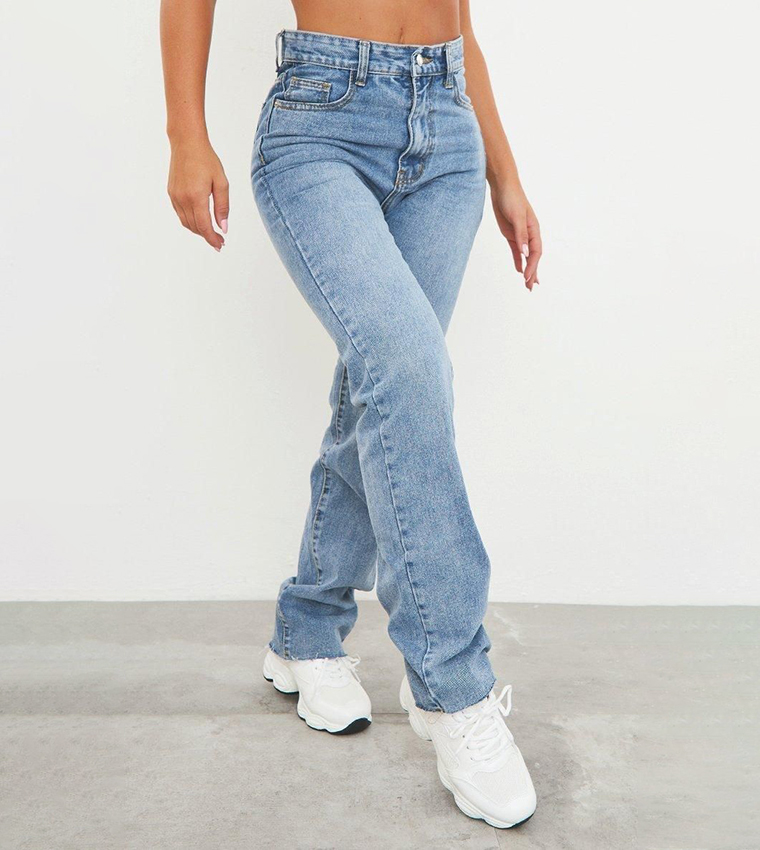 Washed Raw Hem Straight Fit Jeans