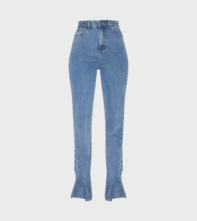 Prettylittlething Split Hem Straight Leg Jeans PrettyLittleThing