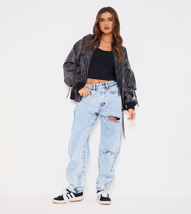 Acid Washed Open Knee Boyfriend Jeans
