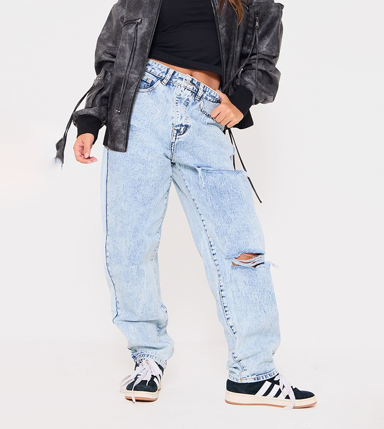 Acid Washed Open Knee Boyfriend Jeans