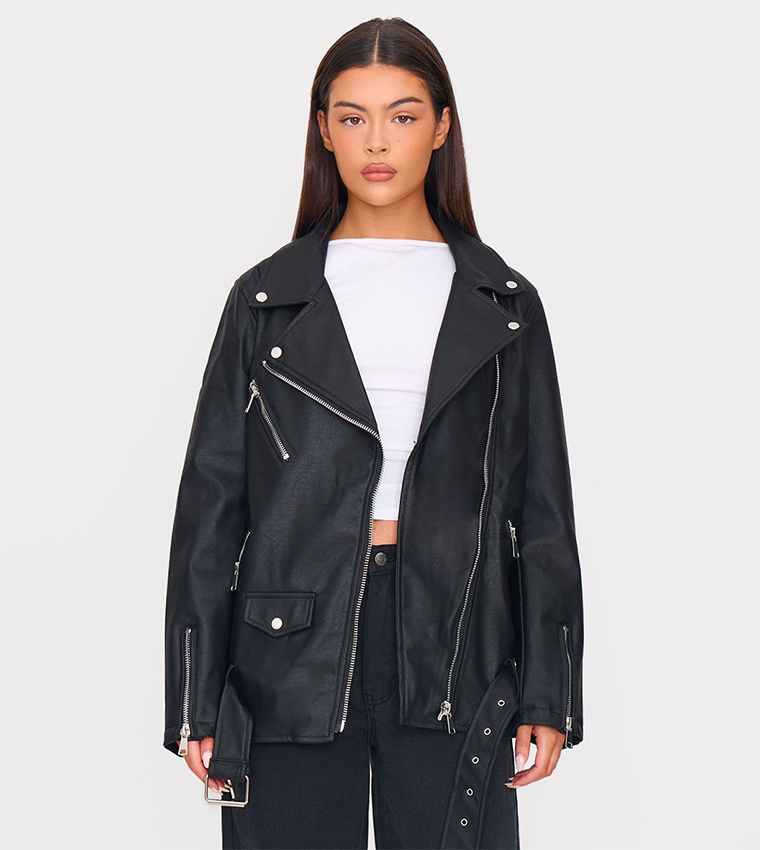 Faux Leather Belted Biker Jacket