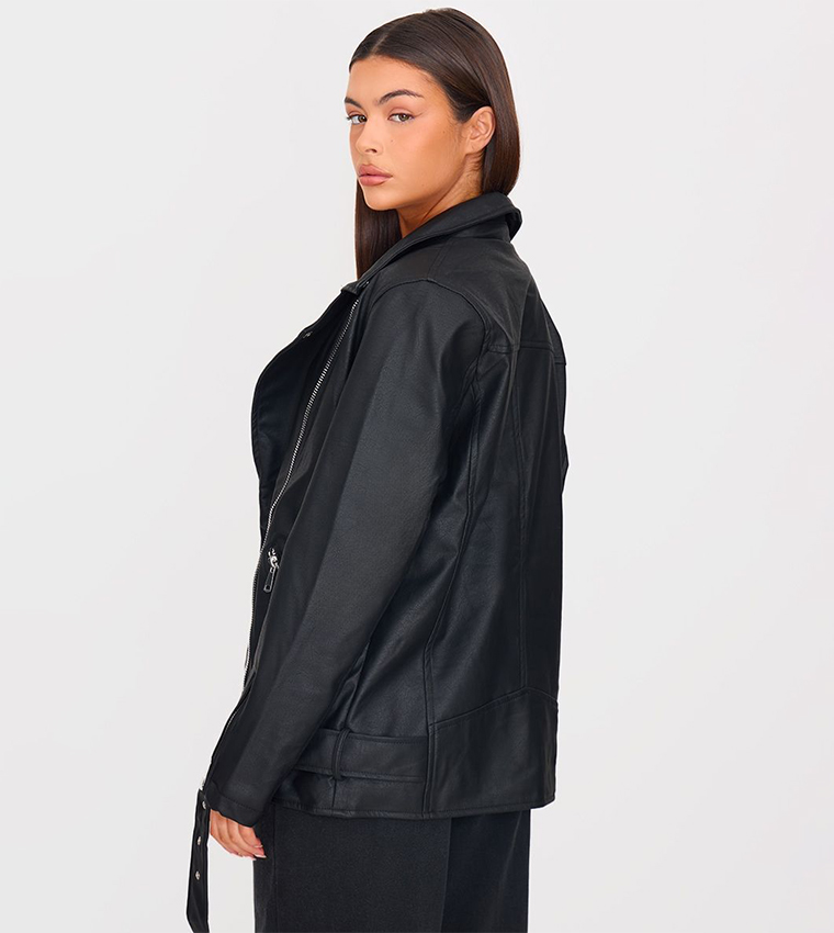 Faux Leather Belted Biker Jacket