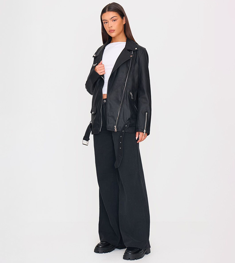 Faux Leather Belted Biker Jacket